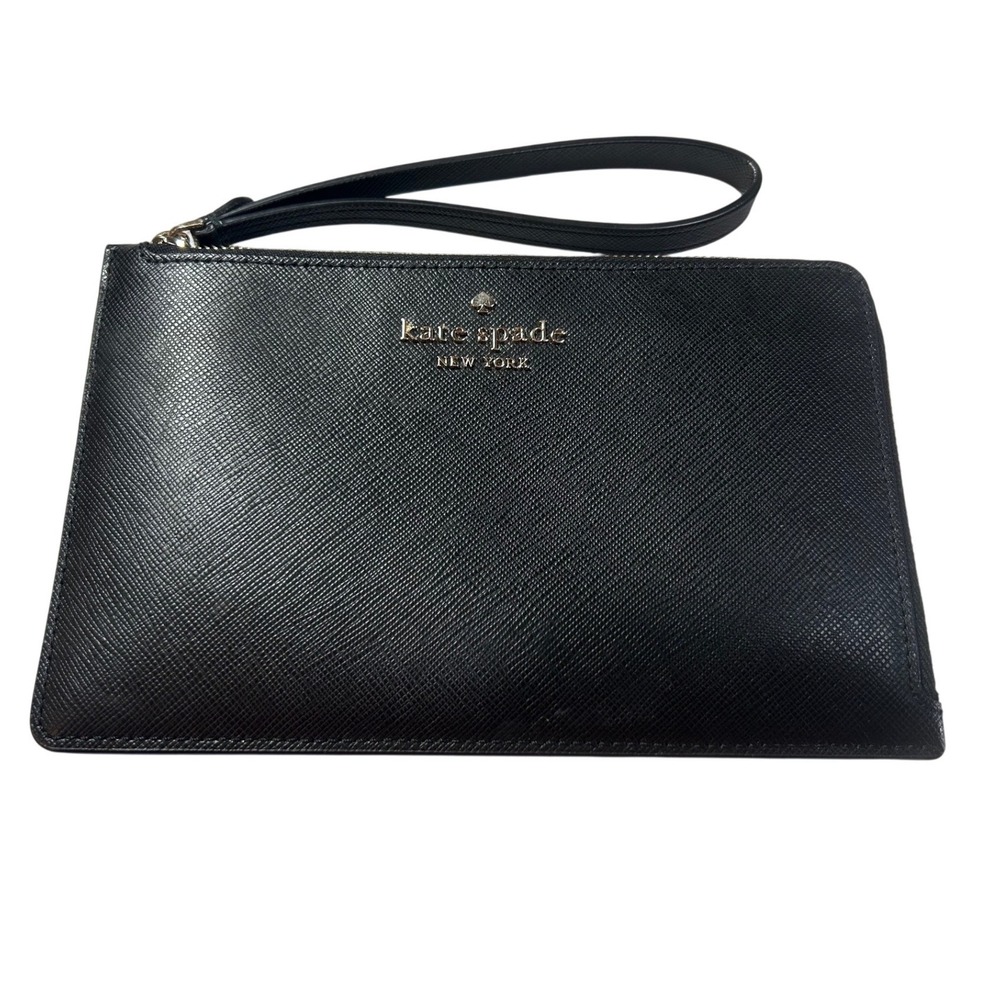 Kate Spade New York Black Saffiano Leather Wristlet Pouch Gold Hardware Zipper